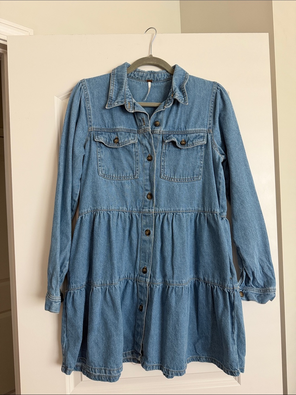 Free People Light Blue Denim Tiered Button-Front Mini Dress